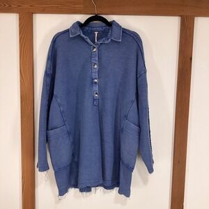 Free People Oversized Henley Top Womens Small Blue Waffle Knit Raw Hem Boho